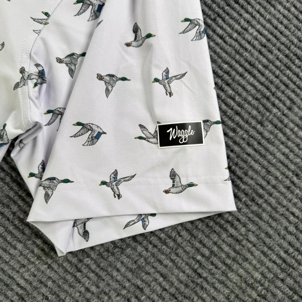 Waggle Golf Polo Shirt Men XL White Mallard Duck Print Green Collar Short Sleeve - Picture 5 of 12
